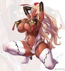 1girls amamiya_(abaros) ammymma armpits arms_behind_head bare_midriff bare_shoulders belly_button blonde_hair breasts bunny_ears cleavage dark-skinned_female dark_skin detached_sleeves heels itou_ittousai_(sengoku_bushouki_muramasa) large_breasts long_gloves long_hair looking_at_viewer looking_to_the_side navel navel_line nipple_tassels on_one_knee purple_eyes sengoku_bushouki_muramasa sideboob tagme thick_penis thick_thighs thighhighs underboob white_legwear white_panties wide_hips