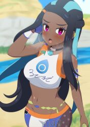 1girls beach dark-skinned_female heart-shaped_pupils hypnosis mind_control nessa_(pokemon) nintendo outdoors pokemon pokemon_ss sand yugo-eti