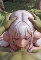 1boy 1girl1boy 3d 3d_(artwork) 3d_animation ai_generated animated animated_image blowjob deepthroat elf elf_ears emilia_(re:zero) fellatio flower flower_in_hair huge_cock kneelding kneeling_oral_position male_penetrating male_penetrating_female male_pov medium_hair orc orc_male ornament pov re:zero_kara_hajimeru_isekai_seikatsu sound sound_effects tagme video white_hair
