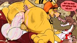 aloha_shirt anthro arm_tattoo arty_the_frog balls beanie bodily_fluids clothing cocaine cum cum_in_ass cum_inside dialogue drug_dealer drug_usage drugged_sex drugs duo ear_piercing eye_contact fairy_dust fvorte_(character) genital_fluids genitals hat headgear headwear hi_res lagomorph leporid looking_at_another male male/male mammal mustelid musteline nodding pattern_clothing pattern_shirt pattern_topwear piercing plastic_bag rabbit red_eyes shirt shoulder_tattoo speech_bubble tattoo topwear true_musteline weasel
