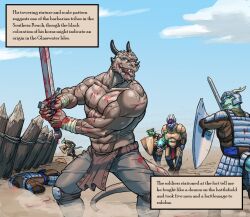 2018 abs anthro balls berububs biceps big_balls big_muscles big_penis biped blood bodily_fluids bottomwear brown_body brown_bottomwear brown_clothing brown_loincloth brown_scales clothed clothing english_text fight genitals grey_bottomwear grey_clothing grey_pants group holding_melee_weapon holding_object holding_sword holding_weapon loincloth male melee_weapon muscular muscular_anthro muscular_male pants penis scales scalie shield solo_focus sword text topless topless_anthro topless_male weapon