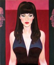 1girls bangs black_dress black_hair blunt_bangs breasts cleavage dress facing_viewer female female_only fine_art_parody grey_eyes large_breasts light-skinned_female light_skin lipstick long_hair mascara oil_painting_(medium) paul_laurenzi plunging_neckline red_lipstick solo