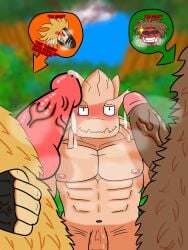 2025 3:4 abs alternate_breast_size animal_genitalia animal_penis anthro aroused balls beast_mode bodily_fluids brown_body brown_fur brown_hair brush canid canine canine_genitalia canine_penis cum digital_drawing_(artwork) digital_media_(artwork) embarrassed erection eyewear fur genital_fluids genitals group hair hi_res horn hound_dog_(my_hero_academia) human humanoid humanoid_genitalia humanoid_penis jurota_shishida knot knotted_penis koji_koda leaking_precum male male/male male_only mammal mask my_hero_academia nipples nude penis precum smile smile_teeth smiley_face solo_focus soul_d_raws sunglasses trio vein veiny_penis wearing_mask yellow_body yellow_fur