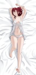 1girls ;) absurdres anna_(fire_emblem) arm_behind_head armpits arms_up babydoll bare_arms bare_legs bare_shoulders barefoot breasts cleavage dakimakura dakimakura_(medium) double-parted_bangs female female_only fire_emblem full_body fur-trimmed_babydoll hair_between_eyes hand_on_own_arm highres large_breasts looking_at_viewer lying medium_hair navel nintendo on_back one_eye_closed panties pomelomelon ponytail red_eyes red_hair smile solo stomach underwear white_babydoll white_panties