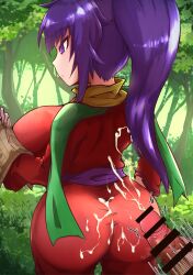 :o ajura_(kiiroi_kaiten_mokuba) arc_the_lad ass breasts censored collar cum cum_on_ass cum_on_body cum_on_clothes cumshot ejaculation focused forest from_behind japanese_clothes kukuru large_ass large_breasts long_hair male_masturbation map masturbation motion_lines nature outdoors outside penis ponytail purple_eyes purple_hair reading sash scarf standing suprise_cumshot tied_hair trees unaware