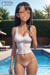 1girls ai_generated artist_name ass_visible_through_thighs asymmetrical_bangs bare_shoulders black_hair blurry blush bottomless breasts cleavage closed_eyes collarbone cowboy_shot crop_top day earclip facing_viewer female fingernails flower grin hair_ornament hairclip hayase_nagatoro hi_res long_hair medium_breasts mole mole_on_breast nail_polish navel oerba_yun_fang one-piece_tan outdoors patreon_username piercing please_don't_bully_me,_nagatoro pool poolside pussy r34arts red_nails ring shirt sky smile solo standing tan tank_top tanlines teeth tree twitter_logo uncensored water web_address white_tank_top
