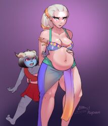 2girls arabian_clothes belly_dancer belly_dancer_outfit bikupan diana_(league_of_legends) embarrassed female hand_on_belly league_of_legends milf mother_and_daughter pregnant ready_to_pop thick_thighs