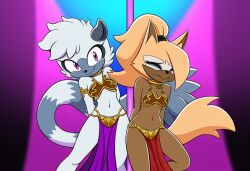 ai_generated brown_fur closed_eyes crossover_cosplay idw_comics long_tail long_yellow_hair lucasfilm mobian_(species) mobian_lemur mobian_wolf novelai pole_dancing sega slave_bikini slave_leia_(cosplay) sonic_(series) sonic_the_hedgehog_(comics) sonic_the_hedgehog_(idw) sonic_the_hedgehog_(series) spotlight star_wars striped_tail stripper_pole tangle_the_lemur whisper_the_wolf white_fur yellow_ears yellow_hair