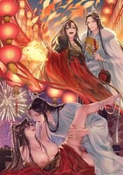1boy absurdres aerial_fireworks ahoge alcohol alternate_costume animal_lantern architecture bare_legs bare_shoulders barefoot black_hair black_ribbon black_sash blurry blurry_background blush bottomless breasts breasts_out brown_hair candy censored chinese_clothes chinese_new_year closed_mouth clothed_sex clothes_down coat collarbone commentary_request couple day_and_night dress east_asian_architecture erection eye_contact eyelashes female female_pubic_hair fireworks fish flower flying_fish food fur-trimmed_coat fur_trim genderswap_(mtf) goldfish grey_eyes hair_ornament hand_fan hand_on_another's_thigh hanfu hanging_lantern happy_new_year headband height_difference highres holding holding_candy holding_food holding_jug holding_lantern holding_with_feet indoors jewelry jug_(bottle) kneeling koi lan_wangji lantern lantern_festival large_breasts leg_grab leg_lift leg_up liquor long_hair long_sleeves looking_at_another looking_at_viewer lying male_pubic_hair miu_vocalo modao_zushi mosaic_censoring necklace night nipples on_side open_clothes open_coat open_dress open_mouth open_window outdoors paper_lantern partially_undressed penis ponytail pubic_hair purple_eyes pussy qixiong_ruqun red_coat red_dress red_ribbon ribbon robe rule_63 saliva sash sex sidelocks sky smile split_screen spread_legs straight sweat tanghulu tassel teeth thigh_grab tongue topknot twitter_username upper_body vaginal_penetration watermark wei_wuxian white_coat white_hanfu white_headband white_ribbon white_sash wide_sleeves window winter_clothes xiao_guan_(headdress) yellow_eyes