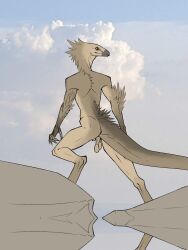 2026 anthro arm_tuft athletic athletic_male backsack balls barely_visible_genitalia barely_visible_penis bullchicken casual_nudity claws cloud colored digital_drawing_(artwork) digital_media_(artwork) digitigrade dinosaur dromaeosaurid elbow_tuft feather_tuft feathers finger_claws flaccid flat_colors foreskin genitals grey_body grey_feathers head_tuft hi_res humanoid_genitalia humanoid_penis long_snout long_tail male nude nude_male object_in_mouth outside penis prehistoric_species raised_leg reflection reptile saggy_balls saurischian scalie sharp_teeth sky smile snout solo standing tail tan_balls tan_body tan_penis teeth theropod tuft uneven_balls unretracted_foreskin velociraptor water yellow_eyes