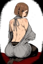 1girls asian_female ass bed blush brown_hair color colored exposed_back female female_only kugisaki_nobara masoq095 nobara_kugisaki pantyhose remake remastered virgin_killer_sweater