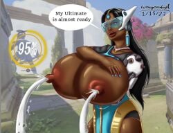 2d big_breasts black_hair blue-tinted_eyewear breast_expansion breast_hold breasts conyoudigit dark-skinned_female dark_skin excessive_lactation female gigantic_breasts huge_breasts huge_nipples indian lactating lactation large_areolae large_breasts long_hair nipples overwatch solo symmetra tinted_eyewear visor