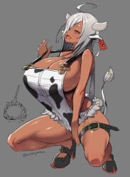 1girls amamiya_(abaros) ammymma breasts cleavage cow_ears cow_girl cow_horns cow_print cow_tail cowgirl dark-skinned_female dark_skin ear_piercing ear_tag female female_focus female_only grey_hair hair_over_one_eye heels horns large_breasts looking_at_viewer looking_to_the_side open_mouth overalls red_eyes side_view sideboob solo solo_female solo_focus tagme thick_thighs thigh_strap thighs