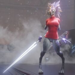 1:1 3_fingers 3_toes 3d_(artwork) alien amputee anthro arm_feathers arm_tuft avian bottomless breasts claws clothed clothing colored cosmic_background cybernetic_hand cybernetics digital_media_(artwork) digitigrade disability disembodied_hand energy_blade energy_sword energy_weapon feather_hair feathered_crest feathers feet female fingers floating_hands fog genitals glowing glowing_eyes grey_body grey_scales halo_(series) head_crest hi_res holding_melee_weapon holding_object holding_sword holding_weapon kig-yar machine melee_weapon microsoft missing_arm non-mammal_breasts pseudo_hair scales scalie sharp_teeth shirt solo space space_background standing steam sword syn_igi synca t'vaoan t-shirt teeth thigh_gap toe_claws toes topwear tuft vulva weapon white_eyes xbox_game_studios yellow_body yellow_feathers