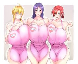 3girls ahoge apron apron_only artoria_pendragon_(lancer) blonde_hair blush boudica_(fate) boudica_(fate/grand_order) braided_hair collarbone eyebrows_visible_through_hair fate/grand_order fate_(series) female_only green_eyes hair_between_eyes hourglass_figure huge_breasts japanese_text large_breasts long_hair looking_at_viewer minamoto_no_raikou_(fate/grand_order) multiple_girls open_mouth pink_apron pressing_breasts_together purple_eyes purple_hair red_hair samesameyeah short_hair simple_background small_waist smiling smiling_at_viewer standing thick_thighs wide_hips