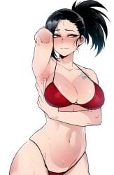 1girls 2d armpits big_breasts bikini black_hair blush condom_wrapper female light-skinned_female light_skin looking_at_viewer momo_yaoyorozu mr.skull my_hero_academia pale-skinned_female pale_skin ratatatat74 simple_background