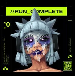ahe_gao android bob_cut cum cum_bubble cum_on_face glitch lipstick marathon marathon_ marathon_(bungie) punk_girl running_mascara runny_makeup sindio smeared_lipstick text vandal vandal_(marathon) white_hair