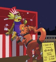 all_fours anus argon_vile armadillomon backsack balls bandai_namco belly bodily_fluids carnival_game clothing competition deep_throat digimon digimon_(species) genitals guilmon hammer hat hawkmon headgear headwear hi_res horn humor male male/male oral oral_penetration outside penetration plushie saliva sex sexual_competition sign sky star starry_sky text tools top_hat yellow_body