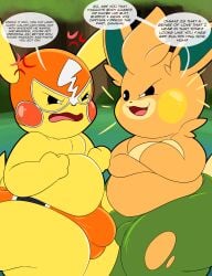 absurd_res anthro argument belly biped bottomwear bulge bulge_frottage casey_(tepigfan101) close-up clothing cosplay_pikachu_(costume) cross-popping_vein crossed_arms dialogue duo english_text fist generation_1_pokemon generation_9_pokemon hi_res homophobic_slur male mask nintendo panties pants pants_only pawmo perry_(tepigfan101) pikachu pikachu_libre pokemon pokemon_(species) pokemon_mystery_dungeon profanity slur spike_chunsoft sports_mask sportswear tepigfan101 text thick_thighs torn_bottomwear torn_clothing torn_pants underwear wrestling_mask yelling yellow_body