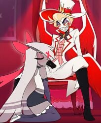 1boy 1girls ai_generated balls ballsack black_legwear blonde_hair blowjob blush blushing chair cheating cheating_girlfriend cheating_husband choker clothed clothing demon dick dking1311 drooling enjoyment fallen_angel female grey_body grin grinning hat hazbin_hotel kneeling latina long_hair lucifer_morningstar_(hazbin_hotel) male novelai penis penis_in_mouth red_eyes ribbon sharp_teeth shoes short_hair silver_hair sitting smile smiling sucking sucking_penis suit testicles thick thick_thighs thighs throne throne_room un-lesbianed vaggi_(hazbin_hotel) vaggie vaggie_(hazbin_hotel) vivienne_medrano white_body wings