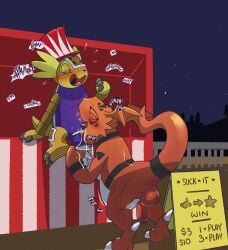 all_fours anus argon_vile armadillomon backsack balls bandai_namco belly bodily_fluids carnival_game clothing competition cum deep_throat digimon digimon_(species) genital_fluids genitals guilmon hammer hat hawkmon headgear headwear hi_res horn humor male male/male oral oral_penetration outside penetration plushie saliva sex sexual_competition sign sky star starry_sky text tools top_hat yellow_body