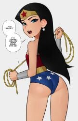 1girls aged_down amazon ass back bare_arms bare_legs bare_shoulders barefoot black_hair blue_eyes bracer cameltoe cartoon_network contrapposto dc dc_comics diana_prince earrings english_text from_behind hand_up heroine holding holding_object holding_rope jewelry justice_league justice_league_unlimited lasso_of_truth legs leotard long_hair loodncrood looking_at_viewer looking_back multicolored_clothes multicolored_clothing multicolored_leotard neck red_leotard rope round_teeth simple_background speech_bubble standing star star_(symbol) star_earrings star_print straight_hair strapless strapless_leotard superhero_costume superheroine talking teenage_female teenage_girl teenager teeth text themysciran thighs tiara two-tone_leotard upper_teeth upper_teeth_only very_long_hair wonder_girl_(diana_prince) wonder_woman wonder_woman_(series)