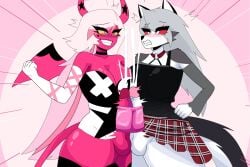 2026 2_horns 3:2 anthro black_body black_fur blush bodily_fluids breasts canid canid_demon canine carliabot clothing cum demon duo fingers fur genital_fluids genitals grey_hair gynomorph gynomorph/gynomorph hair hellaverse hellhound helluva_boss horn humanoid_genitalia humanoid_penis intersex intersex/intersex loona_(helluva_boss) mammal mythological_canine mythological_creature mythology penis pink_body pink_eyes pink_skin pupils red_sclera sex_toy slit_pupils succubus tail teeth verosika_mayday white_body white_eyes white_fur wings yellow_sclera