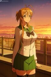 ai_generated antenna_hair black_legwear breasts brown_eyes brown_hair cloud digitalwaifugallery female female_only green_skirt hi_res high_quality high_resolution highschool_of_the_dead large_breasts long_hair patreon pleated_skirt railing rei_miyamoto school_uniform seductive sexy skirt sky solo sunset thighhighs uncensored watermark zettai_ryouiki