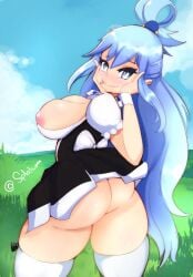 1girls aqua_(konosuba) areola areolae ass bare_ass big_ass big_breasts blue_eyes blue_hair blush blushing_at_viewer breasts bubble_butt cleavage dress eye_contact fat_ass female female_only hands_on_head hoxcomix kono_subarashii_sekai_ni_shukufuku_wo! large_ass large_breasts light-skinned_female light_skin long_hair looking_at_viewer maid maid_uniform nipples outdoors outside smile smiling smiling_at_viewer solo solo_female splatcum tagme thick_thighs thighhighs thighs tongue tongue_out zealvoir