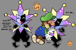 accurate_art_style dimentio dimentiofucker69 fully_clothed luigi male/male mario_(series) nintendo no_genitals paper_mario rubbing_crotch self_upload super_paper_mario teasing toony