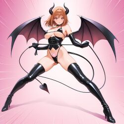 ai_generated bare_shoulders bikini black_bikini black_choker black_corset black_footwear black_gloves blush boots breasts brown_eyes brown_hair choker clothing collar corset demon_girl demon_horns demon_tail demon_wings dominatrix elbow_gloves emphasis_lines female footwear full_body gloves gradient_background heart_tattoo high_heel_boots high_heels highleg holding holding_whip horns large_breasts latex latex_gloves leather leather_gloves legs_apart legwear looking_at_viewer medium_hair micro_bikini open_mouth pink_background pubic_tattoo shoes short_hair shoulder_tattoo solo spread_legs standing succubus swimsuit tail tattoo thigh_boots thighhighs thighs underboob whip wings