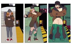 1girls big_lips bimbo bimbo_lips bimbofication blackshirtboy cleavage commission earrings female fur_coat gigantic_breasts high_heel_boots high_heels hyper_bimbo leggings lips long_coat original platform_heels solo soviet_union spherical_breasts standing star_earrings subway_station thigh_boots transformation transformation_sequence ushanka