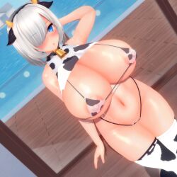 1girls 3d bikini blue_eyes blush cleavage com3d2 cow_ears cow_girl cow_horns cow_print cow_print_legwear cowbell custom_maid_3d_2 eyebrows_visible_through_hair fake_horns female_only hair_over_one_eye hamakaze_(kantai_collection) huge_breasts kantai_collection lactation lactation_through_clothes large_breasts looking_at_viewer navel shiny_skin short_hair standing thick_thighs thighhighs white_hair yatanotori