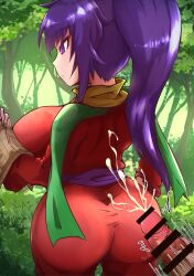 :o ajura_(kiiroi_kaiten_mokuba) arc_the_lad ass breasts censored collar cum cumshot ejaculation focused forest from_behind japanese_clothes kukuru large_ass large_breasts long_hair male_masturbation map masturbation motion_lines nature outdoors outside penis ponytail purple_eyes purple_hair reading sash scarf standing tied_hair trees