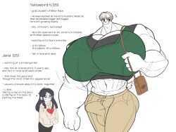 4:3 absurd_res anthro avian balls barazoku big_balls big_breasts big_bulge big_muscles big_pecs bird breasts bulge couples duo english_text female fur genitals hi_res huge_muscles huge_pecs human hyper hyper_muscles hyper_pecs jena_s. male male/female mammal moobs muscular muscular_arms muscular_male muscular_thighs pecs size_difference text white_body white_fur y0ungfur yellowbird_h.