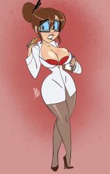 1girls atomickingboo busty dr._betty_veronica female glasses hair_bun high_heels labcoat large_breasts rampage rampage_(game) rampage_world_tour tinted_eyewear