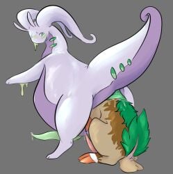 anal anal_vore anus aspeneyeswatching ass balls belly bodily_fluids bovid brown_body brown_fur caprine dragon duo feral fur generation_6_pokemon genital_fluids genitals gogoat goodra hi_res hooves leaking_precum male male/male mammal mythological_creature mythological_scalie mythology nintendo penis pokemon pokemon_(species) precum rear_view scalie tailbutt vore