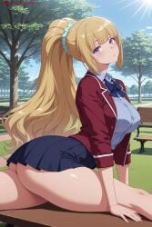 1girl ai_generated ass bangs blonde_hair blush breasts classroom_of_the_elite day hair_ornament hi_res high_quality high_resolution jacket karuizawa_kei kiraamane large_breasts long_hair looking_at_viewer open_clothes open_jacket outdoors patreon pleated_skirt ponytail purple_eyes school_uniform scrunchie seductive sexy shirt skirt solo thighs tree uncensored watermark