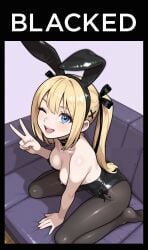 1girl ;d ai_generated animal_ears bangs bare_shoulders black_choker black_leotard black_pantyhose black_ribbon blonde_hair blue_eyes blush breasts brokewyt cheating choker cleavage collarbone couch cuckold dead_or_alive fake_animal_ears hair_ornament hair_ribbon leotard long_hair looking_at_viewer marie_rose medium_breasts no_shoes one_eye_closed open_mouth pantyhose playboy_bunny rabbit_ears rabbit_tail ribbon shiny shiny_clothes shiny_hair sitting smile solo strapless strapless_leotard tail teeth twintails uncensored v wariza x_hair_ornament