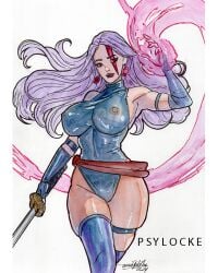 1girls big_breasts breasts female female_only marvel nipples nipples_visible_through_clothing psylocke purple_hair solo tamiegadelha traditional_media_(artwork) x-men