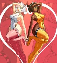 2girls black_hair blue_eyes dark-skinned_female elphelt_valentine fully_clothed green_eyes guilty_gear_strive holding_hands looking_at_viewer pale-skinned_female posing white_hair