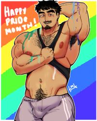 armpit_hair bara beard big_breasts big_nipples bulge gay hairy happy_trail lucky_man male_only muscle mustache oc original_character pride_month solo sweaty