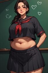 ai_generated big_breasts blushing classroom exposed_midriff flabby_belly mature_female perchance_ai serafuku