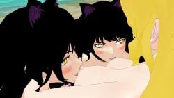 2022 3d 3girls black_hair blake_belladonna blonde_hair blush breast_lick breast_licking canon_couple cat_ears female_only rwby shadow_clone theblackbirdcalls threesome yang_xiao_long yuri