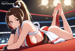 1girl ai_generated anime anime_style artist_name ass bare_legs bare_shoulders barefoot breasts brown_eyes brown_hair capcom cleavage closed_mouth fatal_fury fatal_fury:_city_of_the_wolves fatal_fury_2 fatal_fury_the_motion_picture feet feet_up hentai hi_res high_ponytail japanese_clothes king_of_fighters large_breasts legs long_hair looking_at_viewer lying mai_shiranui mystic_maidens obi on_stomach parted_bangs patreon patreon_username ponytail revealing_clothes rope sash sideboob smile snk soles solo street_fighter street_fighter_6 the_pose thighs toes