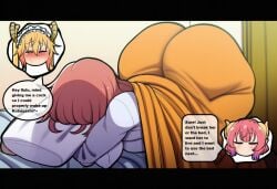 3girls ai_generated analover21 big_ass big_breasts blonde_hair blush chibi dragon_girl english_text face_down_ass_up ilulu_(dragon_maid) imminent_sex kobayashi kobayashi-san_chi_no_maidragon kobayashi_(maidragon) novelai on_bed orange_hair pink_hair sleeping text_bubble tohru_(dragon_maid)