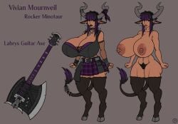 1girl 1girls black_and_purple_hair black_fur breasts_bigger_than_head busty character_sheet cow_ears cow_tag cow_tail dark_elf furel goth goth_girl guitar_axe horns horns_and_hooves hybrid minotaur nipple_piercing nude nude_female punk punk_girl raiounsfw skirt studded_belt