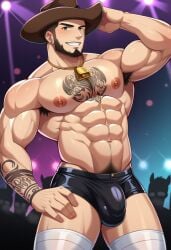 1boy ai_generated cowboy handsome_man hat long_socks muscles muscular penis_fingers short_shorts shorts tattoo
