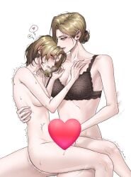 2girls absurdres bernadette_cavendish_(path_to_nowhere) blonde_hair blush bra breasts censored commentary_request completely_nude cowboy_shot drooling fingering heart heart_censor highres korean_commentary matilda_(path_to_nowhere) medium_breasts multiple_girls nipples nude path_to_nowhere sitting songeee_58 underwear white_background yuri
