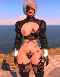 1girls 2b_(nier:automata) bbc_tattoo black_dress black_lipstick blacked breasts breasts_out fallout_4 female female_focus female_only hairband light-skinned_female looking_at_viewer nier:_automata nipples qos qos_tattoo queen_of_spades semi_nude solo_female stockings tattoo tattoo_on_chest thighhighs topless white_hair yorha_2b